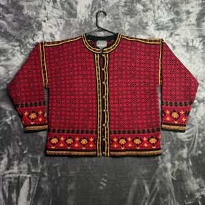 Squaw Valley Nordic Fair Isle Wool Cardigan Metal Button Size Medium Red Yellow